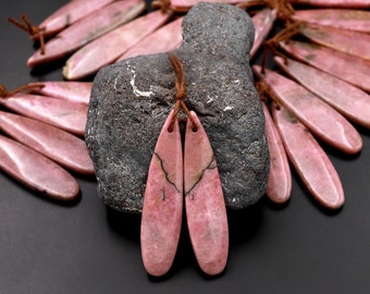 Natural Pink Rhodonite Earring Pair Teardrop Cabochon Drilled Matched Gemstone Bead Pair