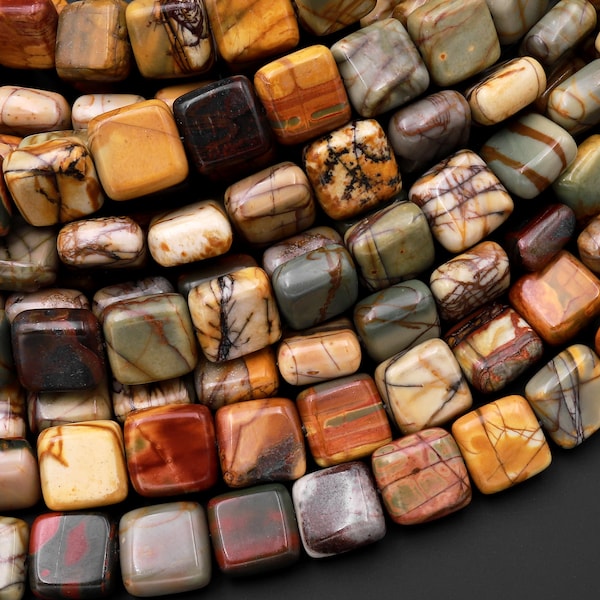 Red Creek Jasper Square Beads 8mm 10mm 12mm Earthy Red Green Yellow Brown Natural Cherry Creek Multicolor Picasso Jasper 15.5" Strand