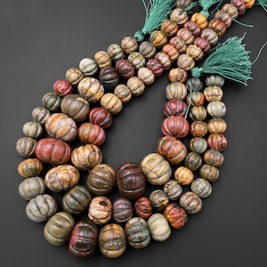 Graduated Natural Red Creek Jasper Beads Hand Carved Melon Pumpkin Earthy Red Green Yellow Brown Gemstone 16.5 Strand image 2