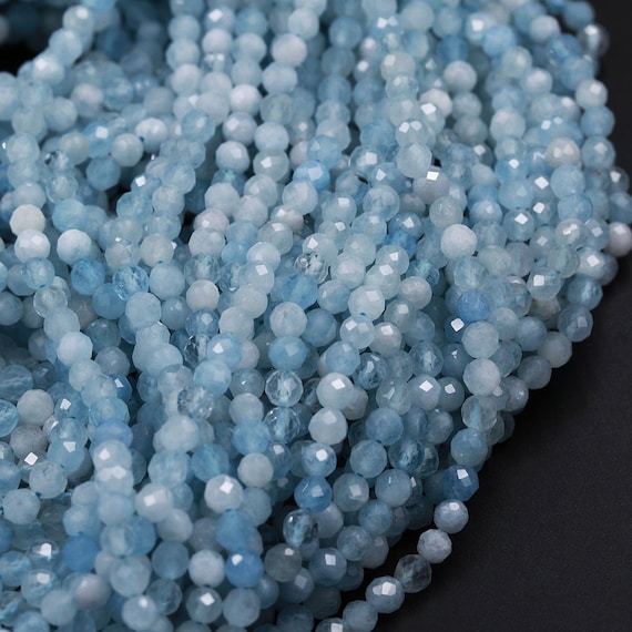 Micro Faceted Natural Aquamarine 2mm 3mm 4mm 6mm Faceted Round Beads Laser  Diamond Cut Real Genuine Blue Aquamarine Gemstone 15.5