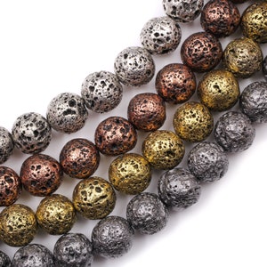 Natural Volcanic Lava Round Bead 6mm 8mm 10mm Titanium Plated Coated Antique Silver Copper Bronze Gold Black Gunmetal 15.5 Strand image 2