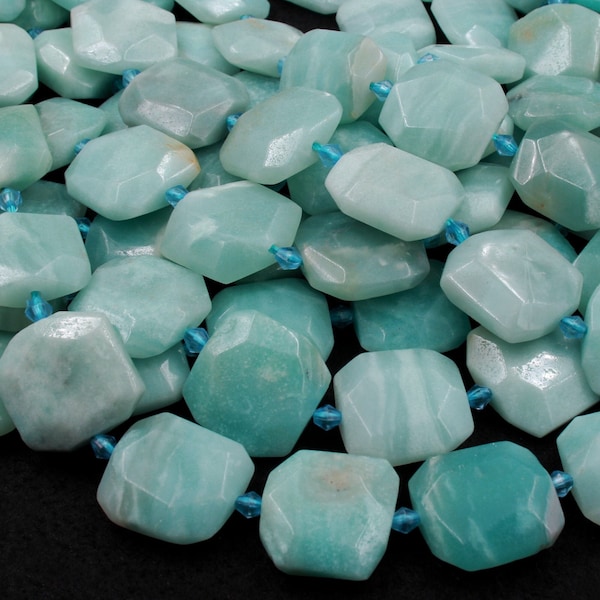 Natural Amazonite Beads Large Faceted Hexagon Octagon Square Cushion Slice High Quality Designer Quality Sea Blue Green Stone 15.5" Strand