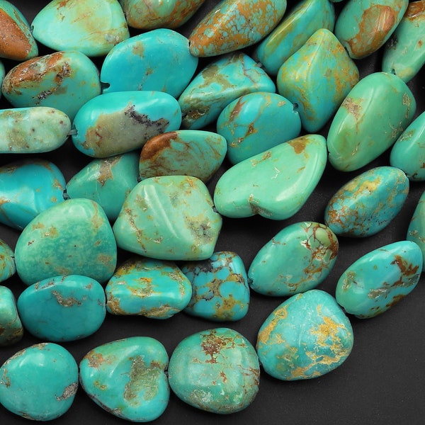 Real Genuine Natural Vibrant Green Blue Golden Turquoise Freeform Nugget Pebble Beads 15.5" Strand