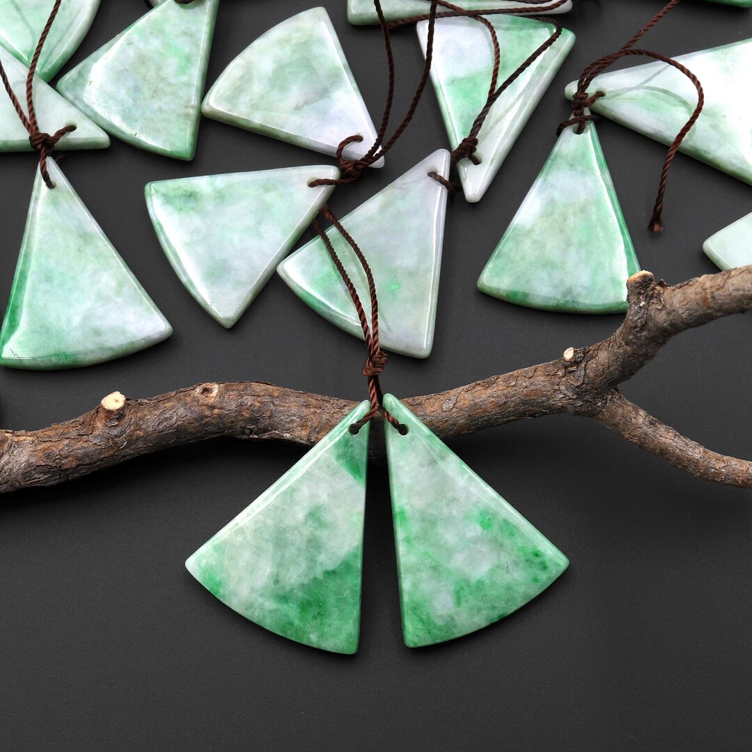 Natural Genuine Green Burma Jadeite Curved Fan Triangle Earring Pair ...
