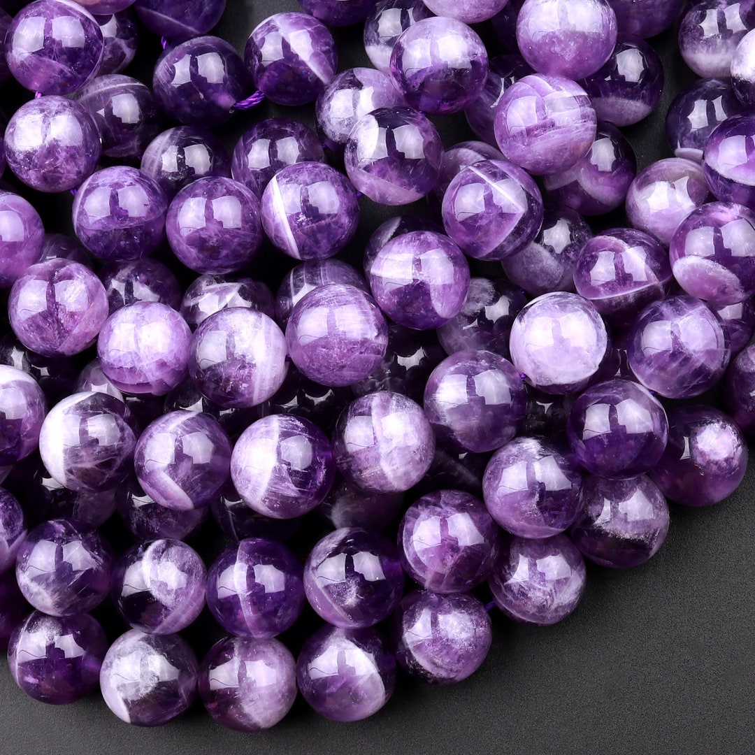 Natural Cape Amethyst Beads 6mm 8mm 10mm 12mm Round Beads White Stripes  15.5 Strand 