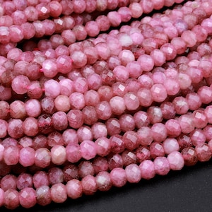 Faceted Natural Pink Tourmaline Rondelle 3mm 4mm Beads Diamond Cut Gemstone 15.5&quot; Strand