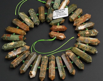 AAA Natural Rainforest Rhyolite Jasper Faceted Double Terminated Pointed Tips Center Drilled Large Healing Focal Pendant Bead 15.5" Strand