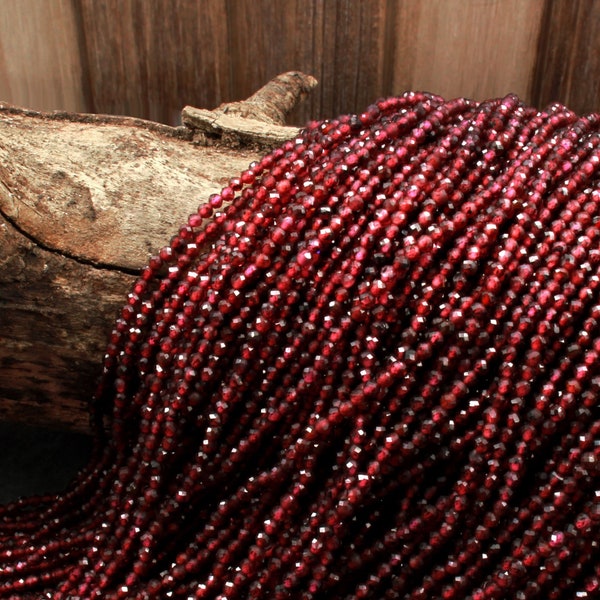 Natural Garnet Faceted 2mm 3mm Round Beads Micro Faceted Tiny Small Round Beads Diamond Cut Gemstone 15.5" Strand