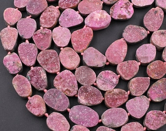 Natural Pink Cobalto Calcite Druzy Beads Hand Cut Freeform Oval Teardrop 15.5" Strand
