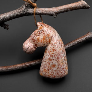 Hand Carved Natural Leopard Jasper Horse Head Pendant Gemstone Focal Bead