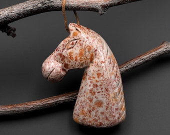 Hand Carved Natural Leopard Jasper Horse Head Pendant Gemstone Focal Bead
