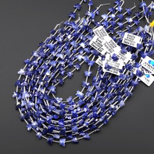 Op de afbeelding: Meerdere strengen sodaliet edelsteen kralen. De kralen zijn diepblauw met witte vlekken, geregen op zilverkleurige draad. Er zijn verschillende labels zichtbaar, met het woord "Sodalite" en de prijs van $40.