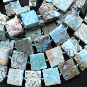 Stora äkta naturliga blå Larimar-pärlor handskurna fyrkantiga 15,5" sträng