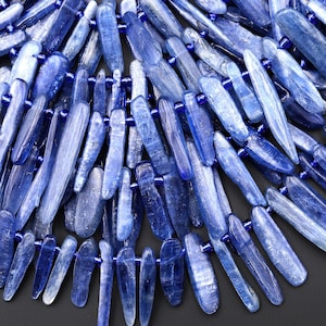 May include: Close-up of a necklace made of blue kyanite gemstone beads. The beads are elongated and vary in shades of blue, from light to deep indigo. The necklace is strung on a dark blue cord, creating a striking contrast.