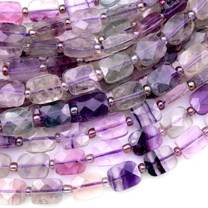Cuentas de fluorita natural AAA súper transparentes, rectangulares, facetadas, con forma de cojín, corte láser de diamante, color púrpura, verde y azul, tira de 15,5"