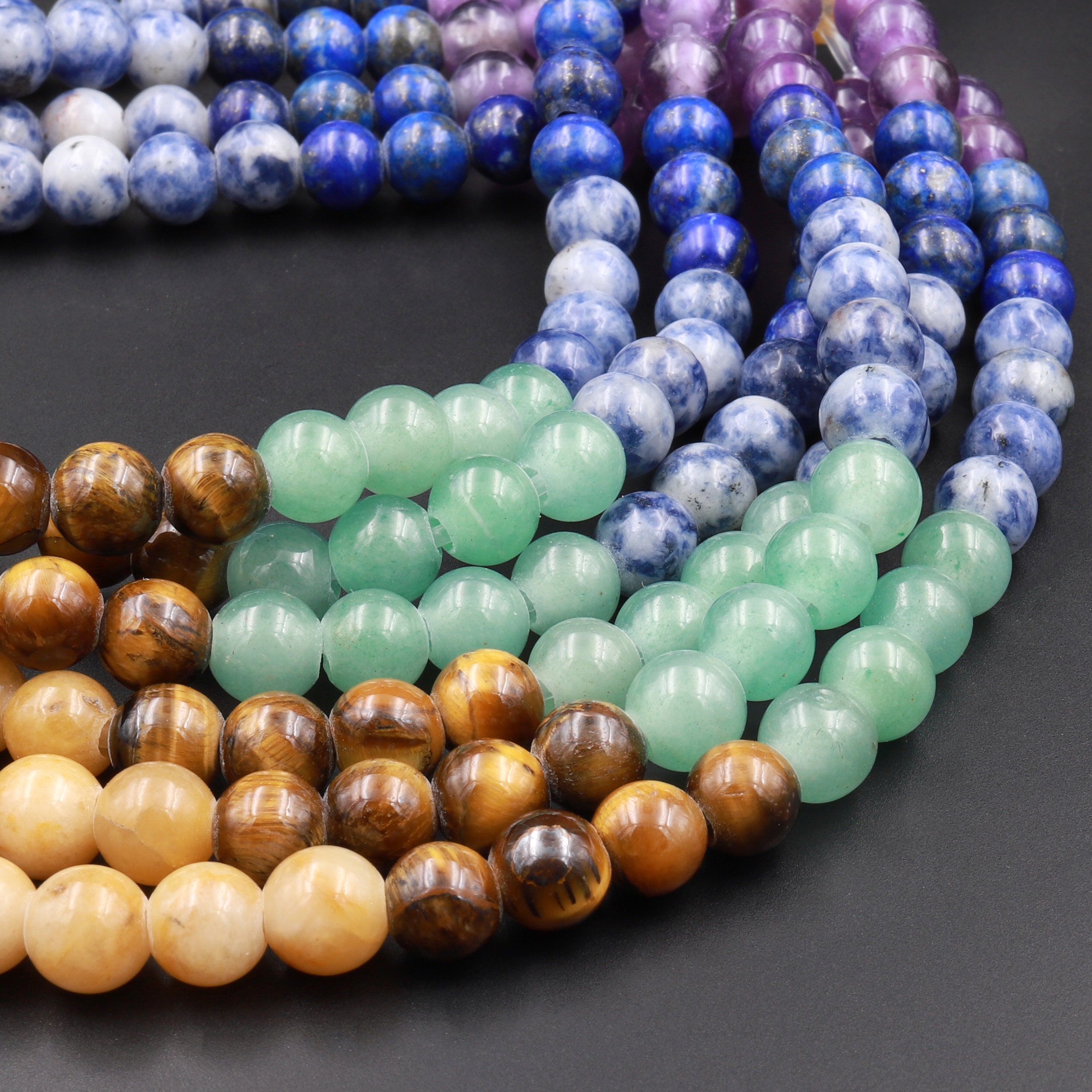 Large Hole (2mm) Beads - Natural 7 Chakra Semi-precious Gemstone Round  Beads - 8mm - 15 strand - Set02