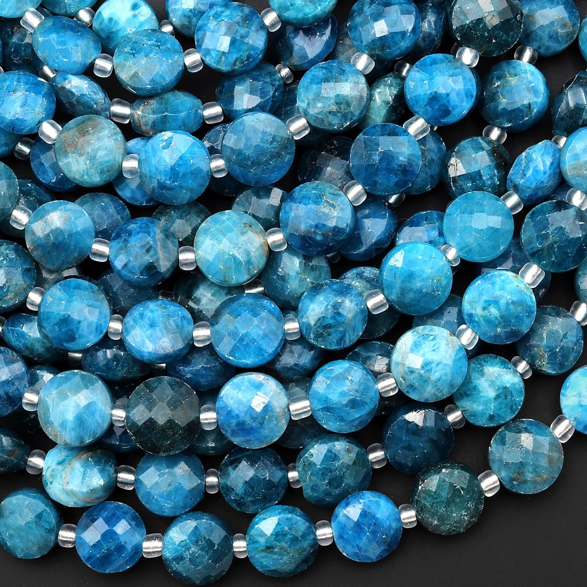 Faceted Natural Teal Blue Apatite Coin 9mm 10mm Beads 15.5