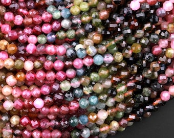 Perles rondes en Tourmaline multicolore naturelle à micro facettes, 3mm 4mm, rose, vert, bleu, dégradé de Cognac, brin de 15.5 pouces