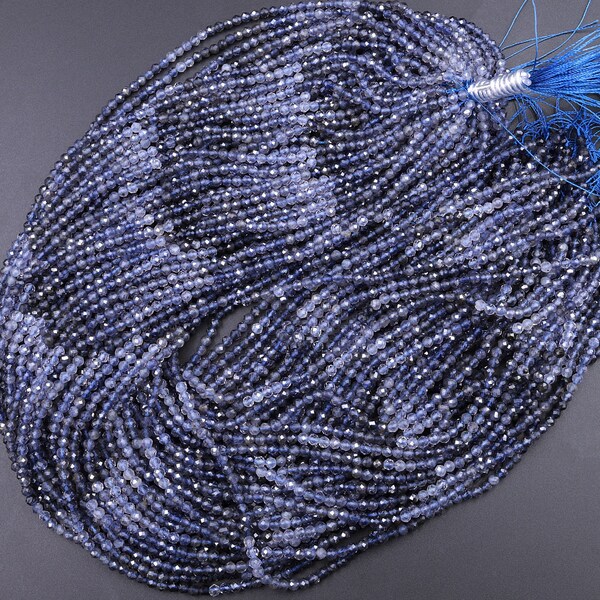 AAA Natural Blue Iolite Faceted 2mm 3mm Round Beads Gemstone Ombre 15.5" Strand