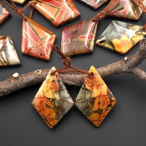 Drilled Red Creek Jasper Earring Pair Cabochon Cab Modern Kite Shape Matched Gemstone Bead Pair Aka Multicolor Picasso Jasper