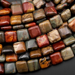 Natural Red Creek Jasper Square Beads 10mm 12mm Earthy Red Green Yellow Brown Aka Cherry Creek Multicolor Picasso Jasper 15.5&quot; Strand