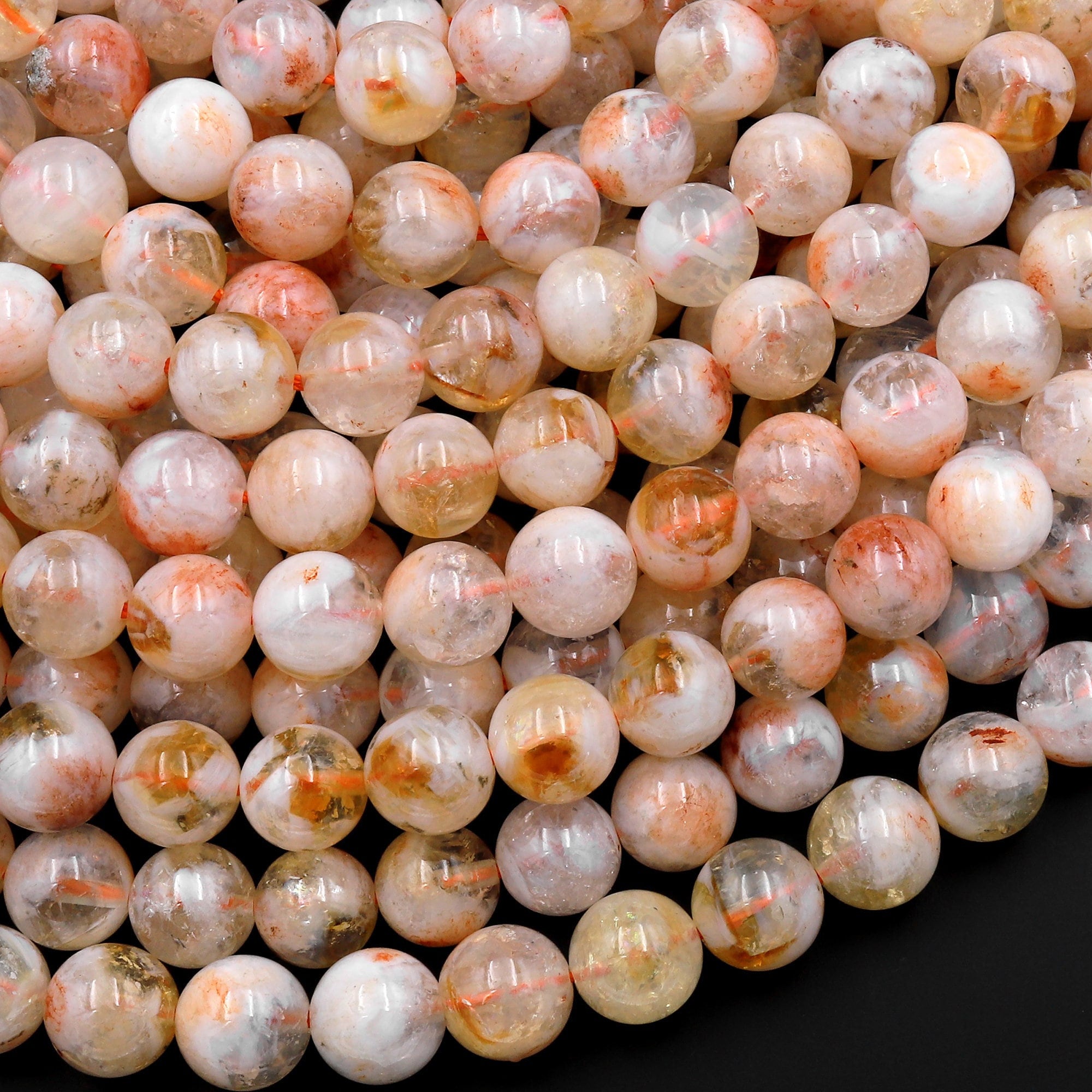 Rare Natural Golden Yellow Citrine 6mm 8mm 10mm 12mm Smooth Round Beads W White Quartz Matrix Gemstone 15.5" Strand