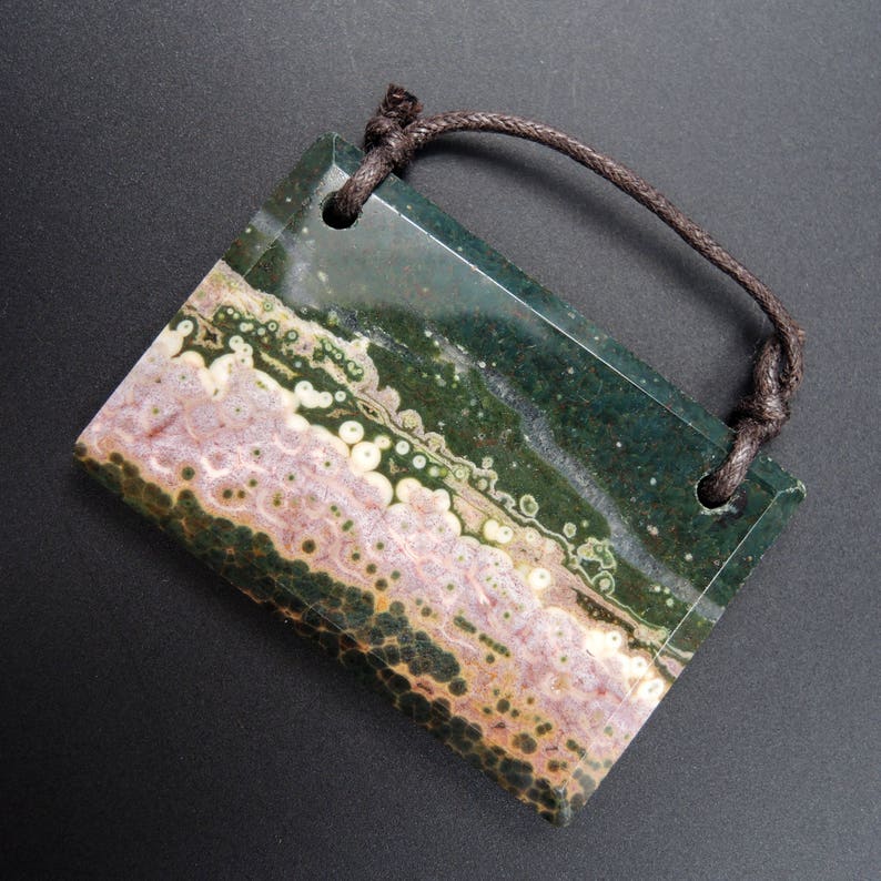Natural Ocean Jasper Pendant Pink Green White Orbs Drilled Faceted Rectangle Pendant 2 Hole Pendant P398