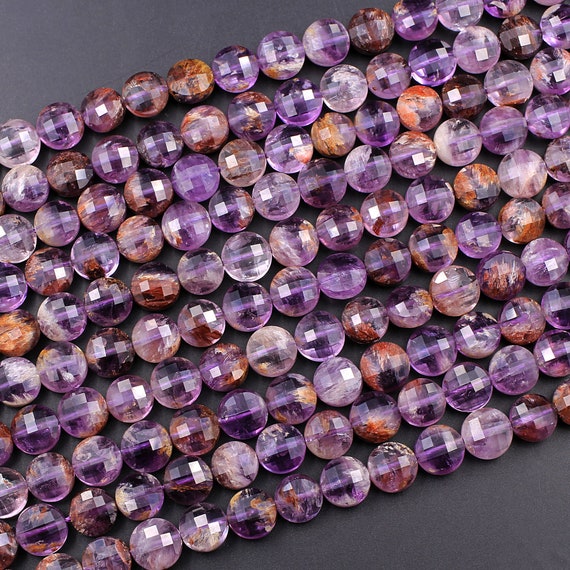 Amethyst Super 7 Beads 8mm Round Cacoxenite Rutile Quartz Crystal