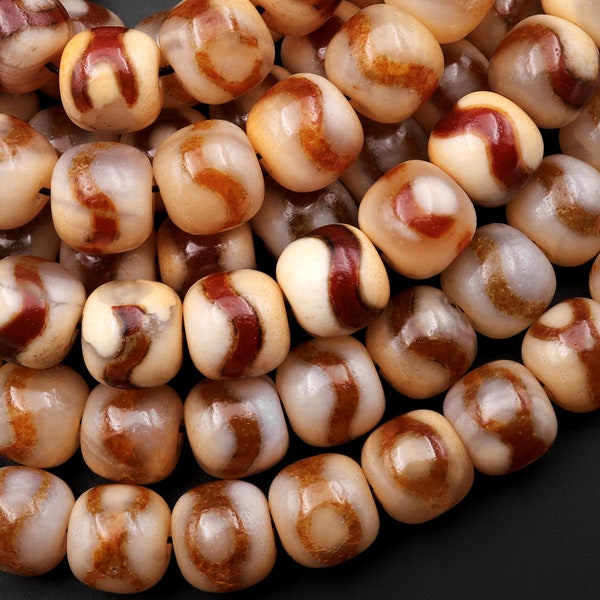 Tibetan Agate 10mm Short Barrel Beads Dzi Agate Golden Sandy Peach Mala Antique Boho Beads 15.5" Strand