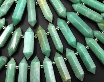 Natural Green Aventurine Beads Double Terminated Points Top Side Drilled Thin Long Healing Natural Crystal 15.5" Strand