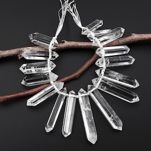 AAA Natural Rock Crystal Quartz Beads Long Double Terminated Points Side Drilled Focal Stone 8&quot; Strand