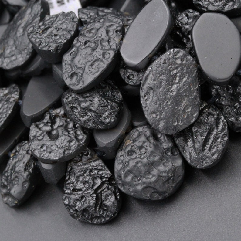 Natural Black Meteorite Beads Teardrop Nugget Tektite From Thailand Drilled Real Genuine Meteorite Cosmic Gems Two Sided Gemstone 16 Strand