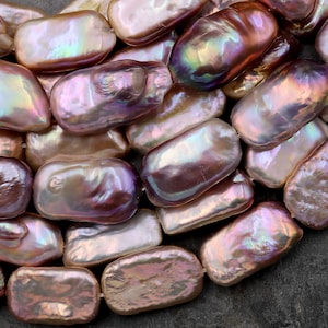 AAA Large Natural Metallic Mauve Pink Peach Biwa Rectangle Pearl 15.5&quot; Strand
