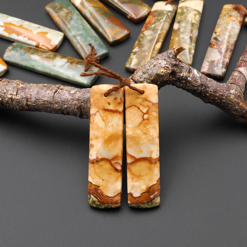 Natural Owyhee Picture Jasper Rectangle Earring Pair Drilled Matched Gemstone From Oregon image 9