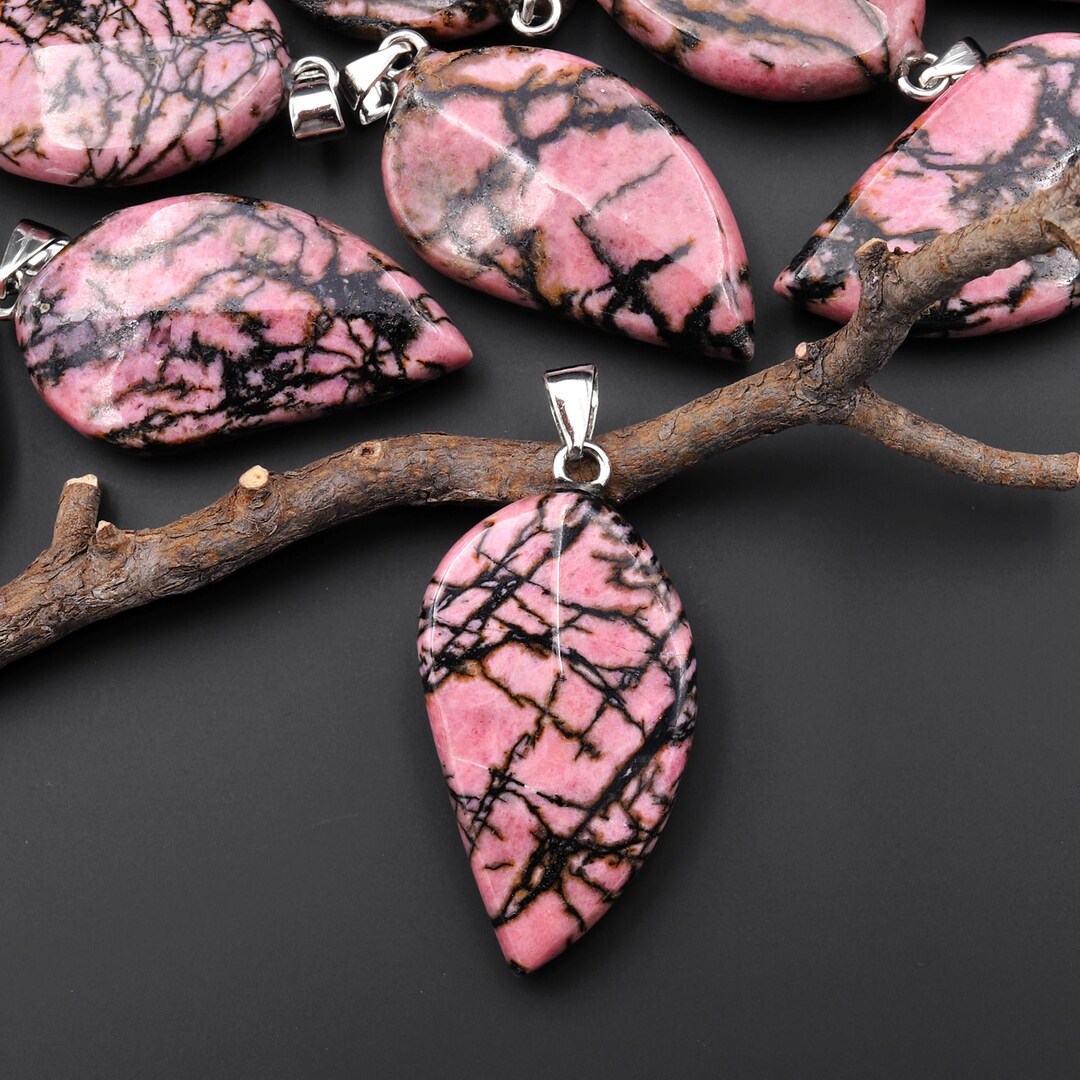Natural Pink Rhodonite W/ Black Line Matrix Leaf Pendant Gemstone - Etsy