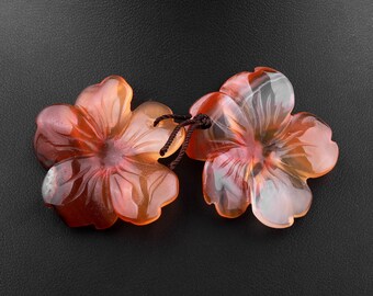 Hand Carved Natural Carnelian Flower Earring Pair Drilled Gemstone