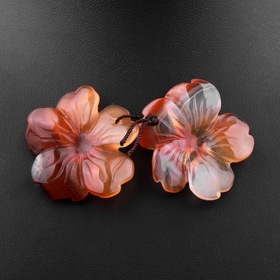 Hand Carved Natural Carnelian Flower Earring Pair Drilled Gemstone