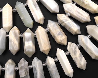 Natural Creamy Gray White Moonstone Faceted Double Terminated Point Top Side Drilled Focal Pendant Beads 15.5" Strand