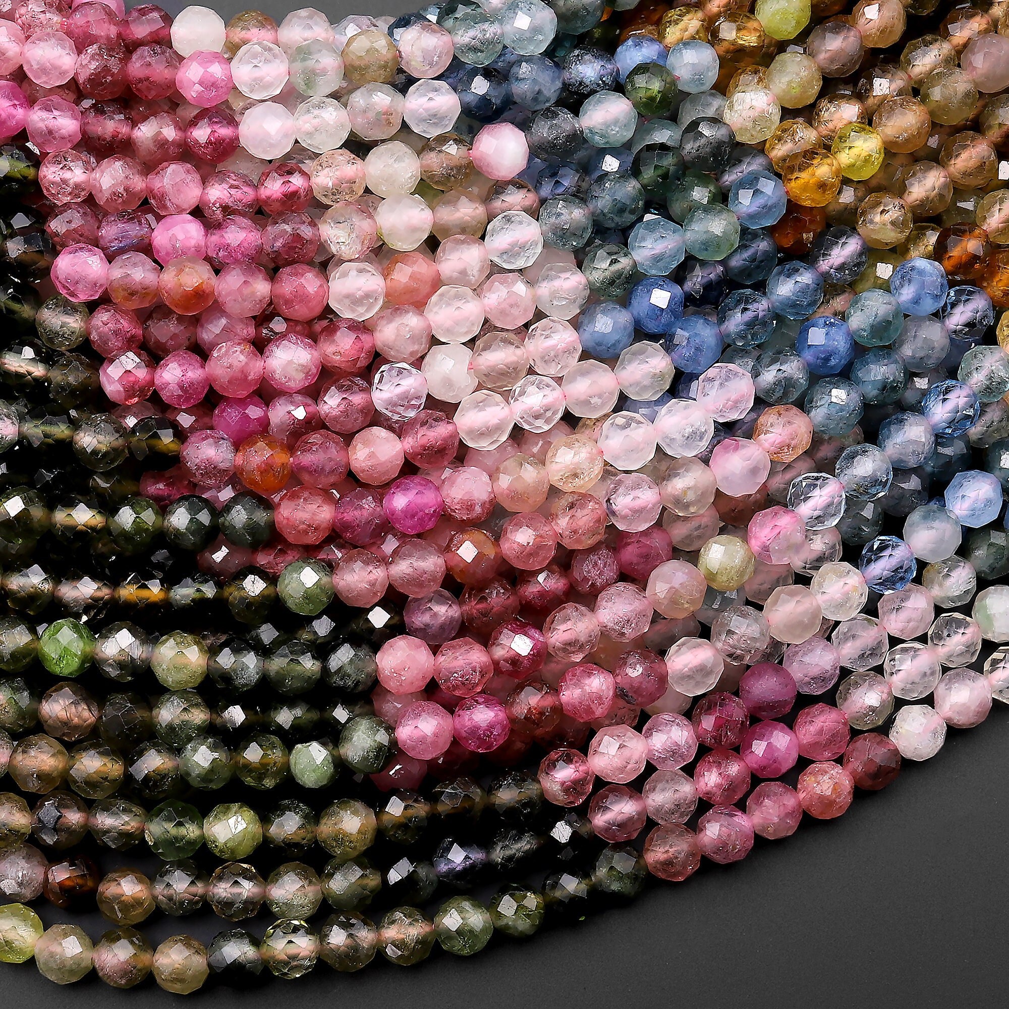 AAA Natural Tourmaline Micro Faceted 3mm Round Multicolor Pink Green Blue Yellow Gemstone Beads 15.5" Strand