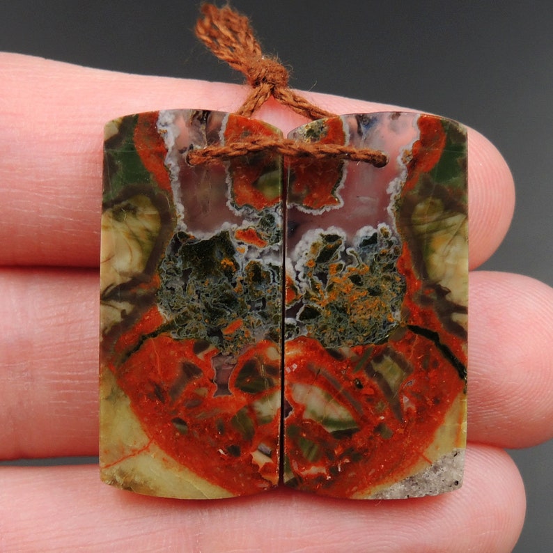 Drilled Gemstone Earring Pair Stone Natural Matched Cabochon Pair Cab Pair Symmetrical Rectangle Shaped Earring Beads Mushroom Agate E3309