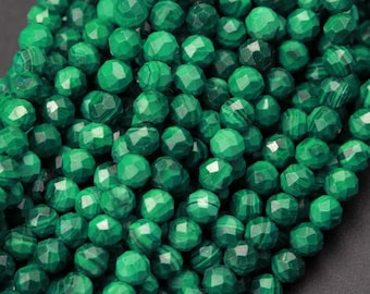 AAA Micro Faceted Natural Green Malachite Round Beads 2mm 3mm 4mm 5mm 6mm Laser Diamond Cut Gemstone 15.5" Strand