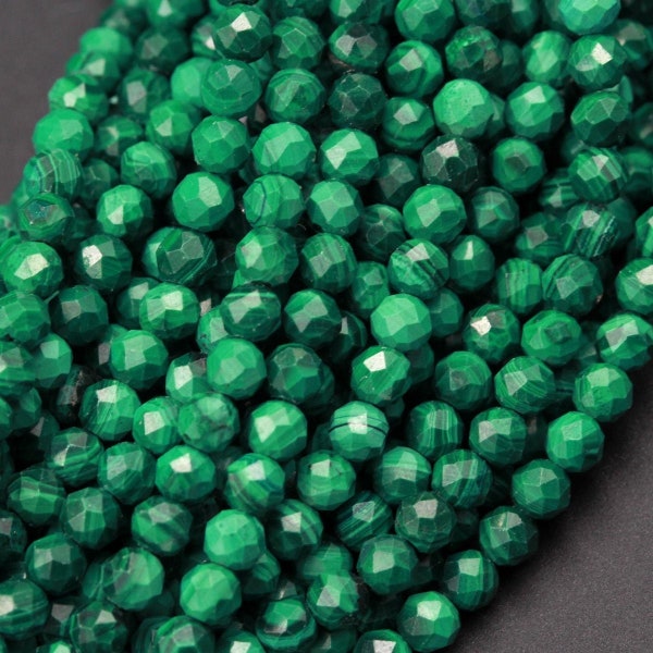 AAA Micro Faceted Natural Green Malachite Round Beads 2mm 3mm 4mm 5mm 6mm Laser Diamond Cut Gemstone 15.5" Strand