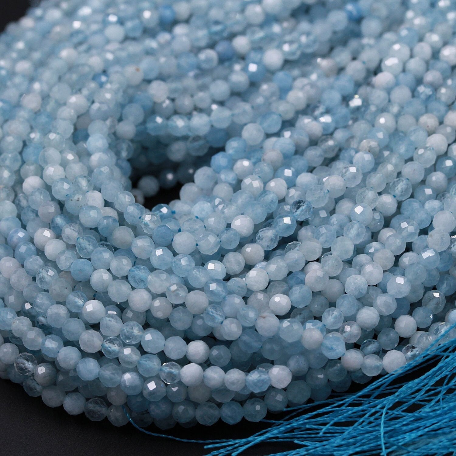Micro Faceted Natural Aquamarine 2mm 3mm 4mm Faceted Round Beads Lase…