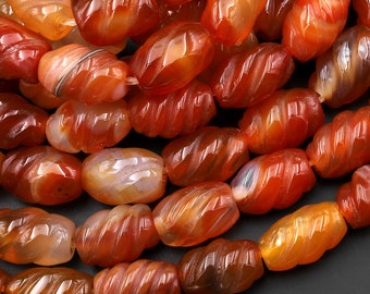 Carved Natural Orange Red Carnelian Barrel Gemstone Beads 15.5" Strand