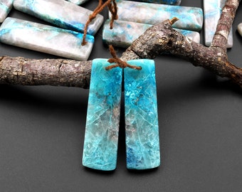 Rare Natural Chrysocolla in Quartz Rectangle Earring Pair Matched Cabochon Gemstone Beads