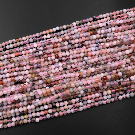天然モルガナイト ピンク アクアマリン 4 mm ラウンドビーズ 斑入り