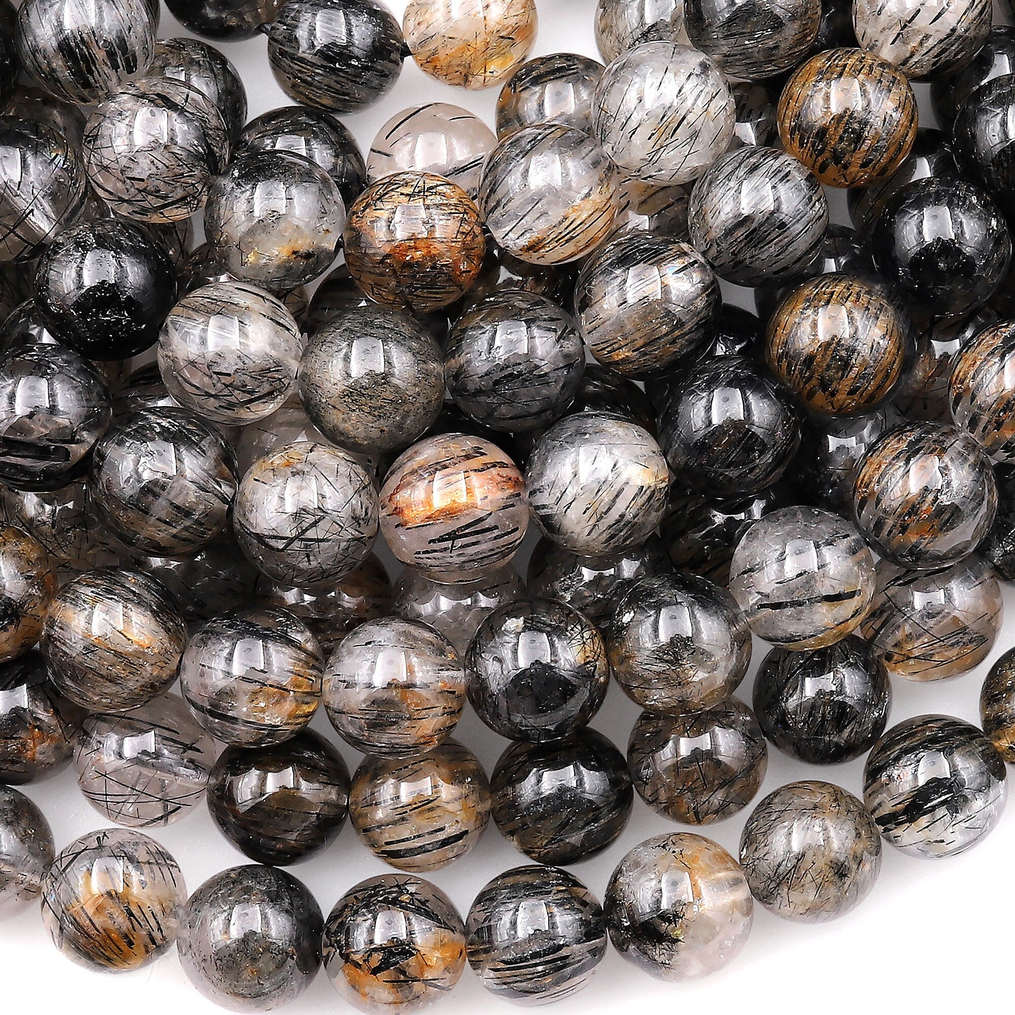 AAA Natural Black Tourmaline Rutile Quartz w/ Golden Yellow Copper Inclusion Round Beads 6mm 8mm 10mm 12mm Gemstone 15.5" Strand