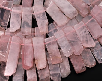 Colgante de cuentas rectangulares de cuarzo rosa natural con punta focal, estilo Cleopatra, en abanico graduado, tira de 15,5"