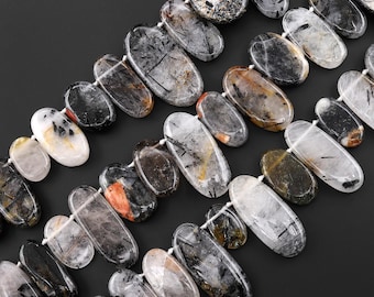 Natural Black Tourmaline Rutilated Quartz Long Oval Focal Pendant Beads Top Side Drilled Gemstone 15.5" Strand