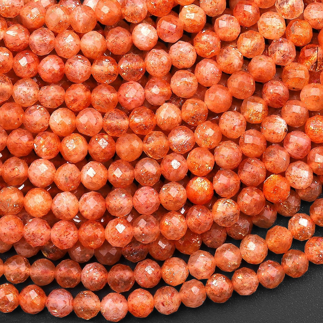 AAA Faceted Natural Fiery Orange Sunstone Round Beads 4mm Sparkling ...